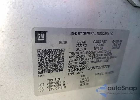 2019 GMC Acadia Sle z USA, uszkodzony, nr VIN 1GKKNSLS3KZ270779